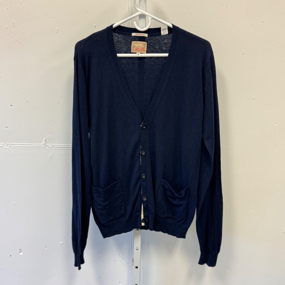 Gant Rugger Mens Navy Blue Cotton Wool Blend V-Neck Cardigan Sweater Size Medium